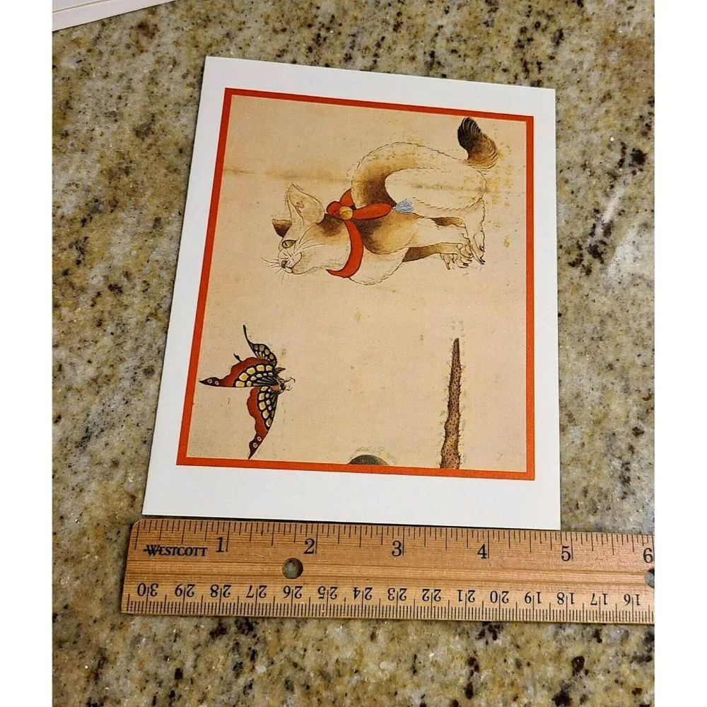 Katsushika Hokusai Cat and Butterfly Set of 4 Blank Greeting Cards w/ Envelopes